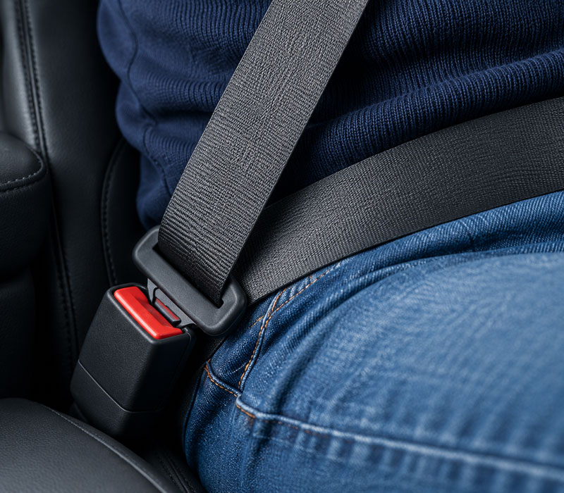 La cintura di sicurezza a tre punti – Mavintar Dettaglio della fibbia e delle fasce di una cintura di sicurezza allacciata, su jeans e maglia blu.